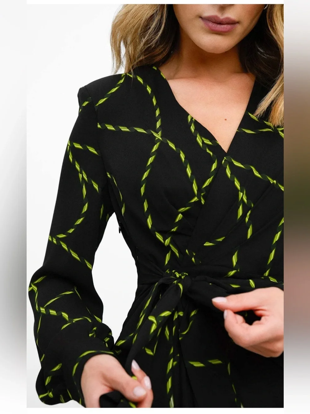 Urban Revivo Womens Black Chain Print Midi Dress Wrap Ruched Long Sleeves S NEW